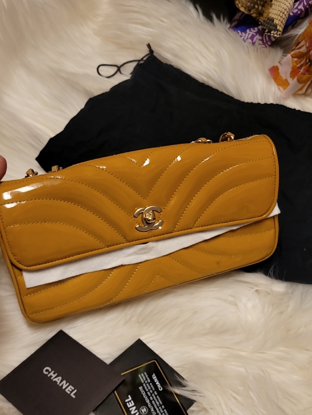 CHANEL Patent Chevron Quilted Shoulder Bag in Mustard - Picture 11 of 13
